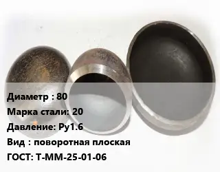 Заглушка стальная 80 Сталь: 20 Ру1.6 поворотная плоская ГОСТ: Т-ММ-25-01-06